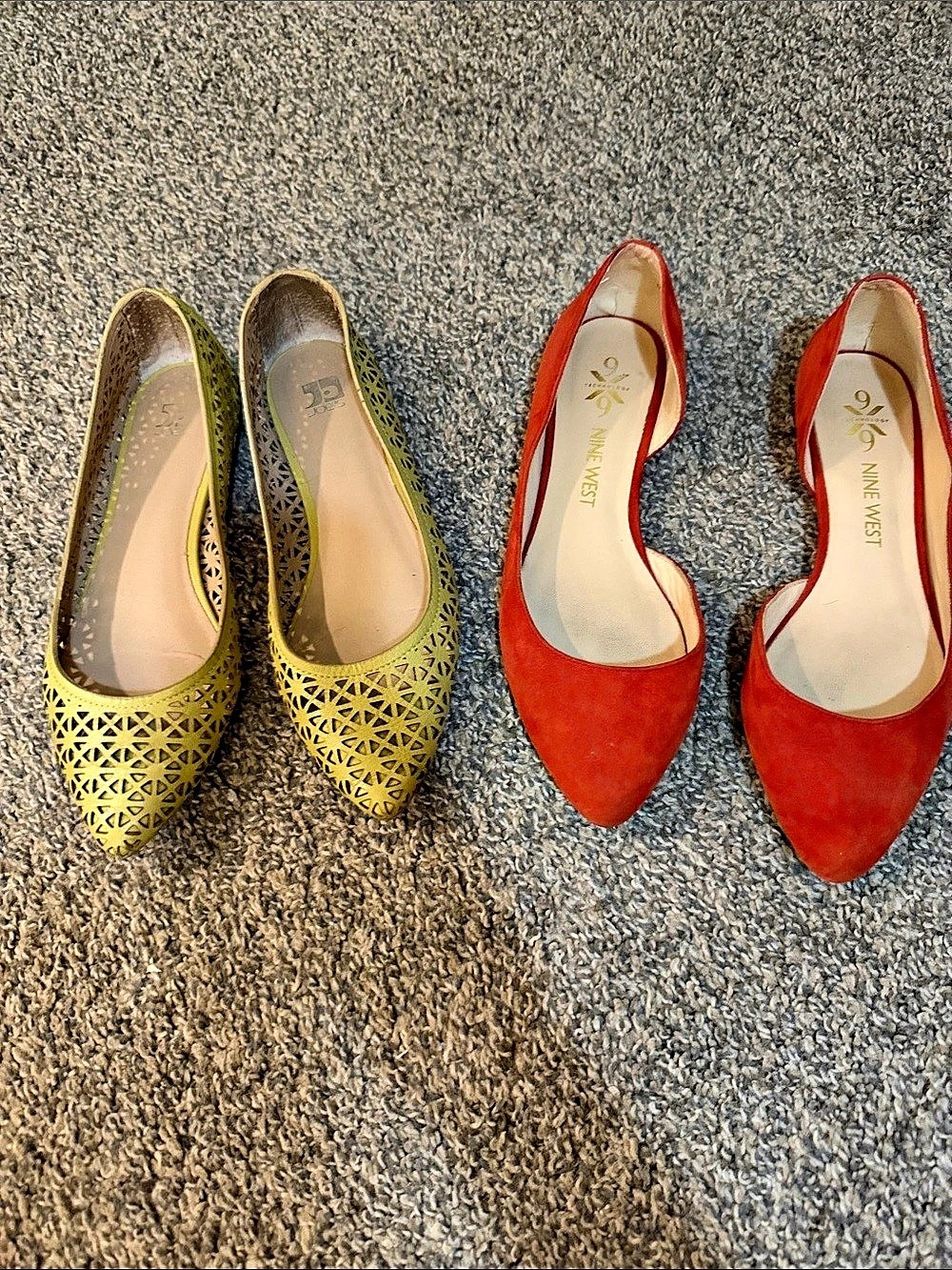 Nine West Flats Burnt Orange Suede & Yellow Green/ Chartreuse 
Pointy Flats